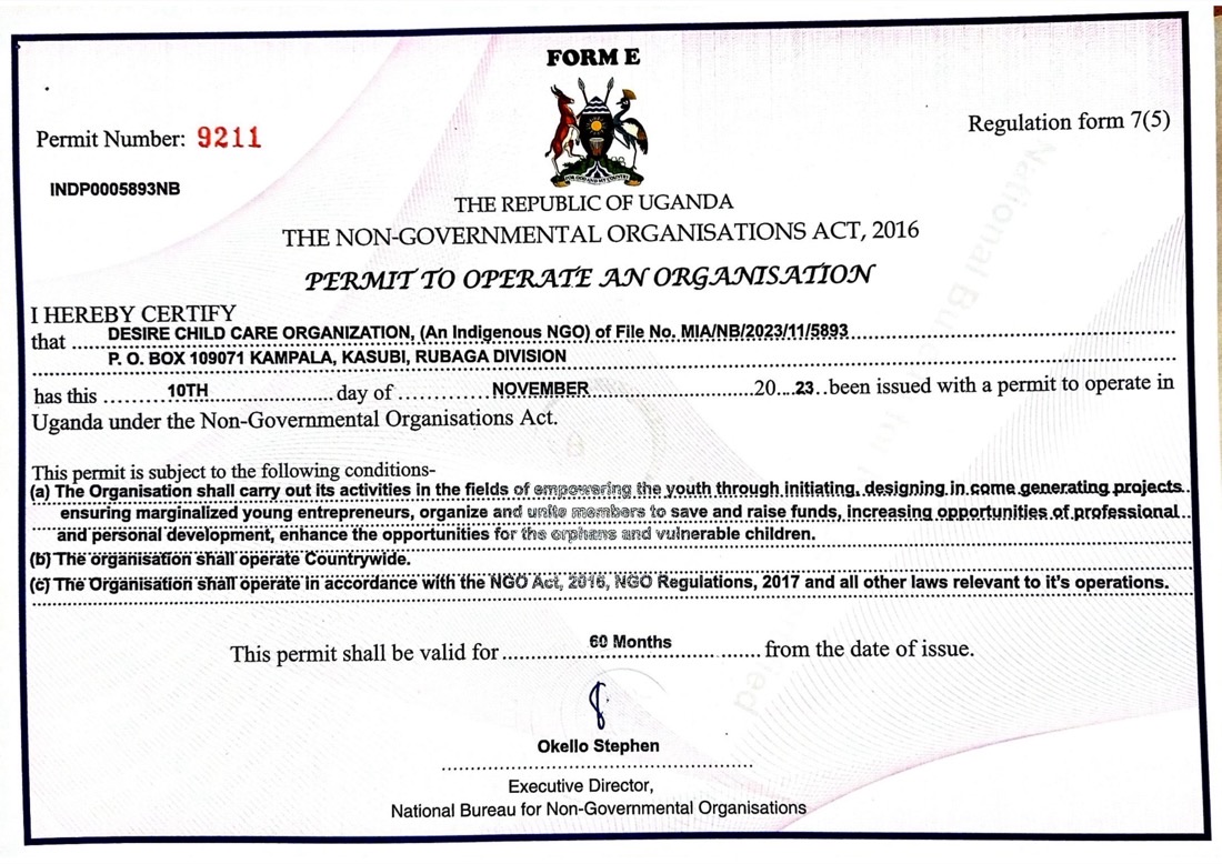 The Desire Child Care Organization NGO registration certificate