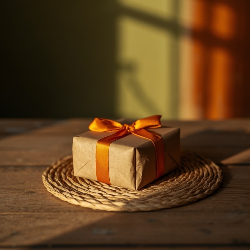 A gift wrapped in brown paper and tied with a wide orange ribbon, resting on a woven mat on a wooden table in warm afternoon light